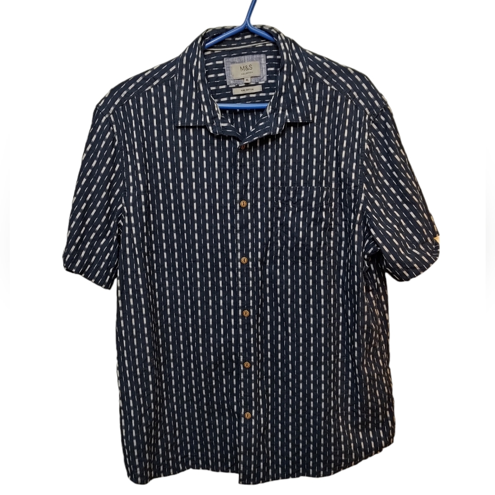 M&S Men's Navy Blue Dress Shirt Polka Dot Button Down Shirt 100% Cotton Size XL